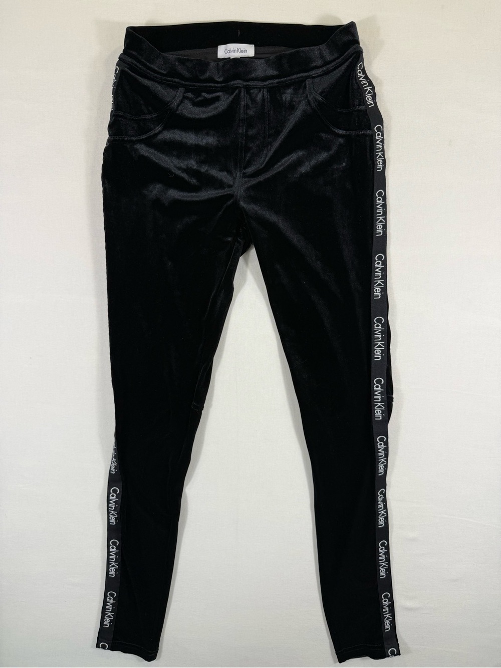 Calvin Klein Black Velour Leggings with Logo Side Stripe